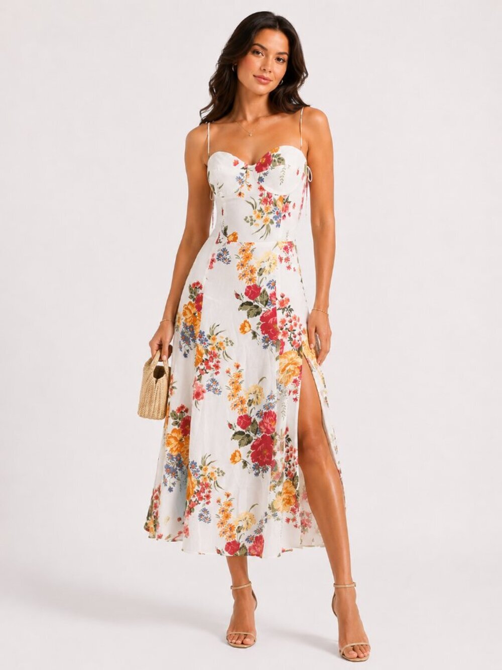 REFORMATION Juliette Crepe Floral Bouquet Midi Dress Ivory 0